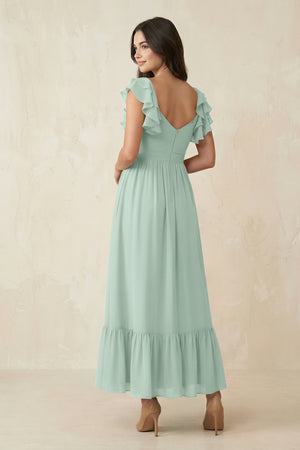 Sage Flutter Sleeve Sweetheart A-Line Chiffon Bridesmaid Dress (2) | KISSBRIDAL