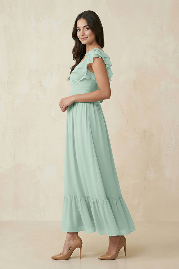 Sage Flutter Sleeve Sweetheart A-Line Chiffon Bridesmaid Dress (3) | KISSBRIDAL
