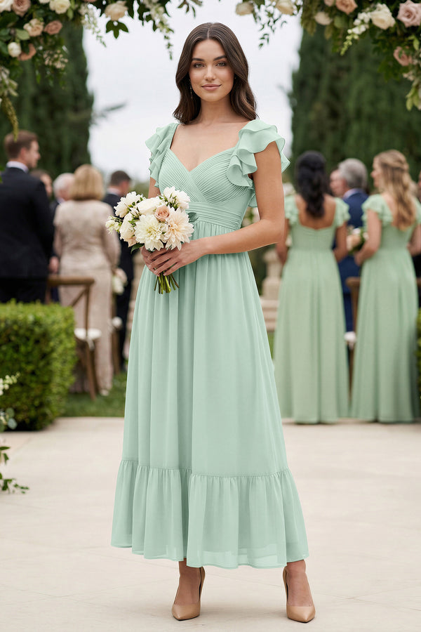 Sage Flutter Sleeve Sweetheart A-Line Chiffon Bridesmaid Dress (4) | KISSBRIDAL