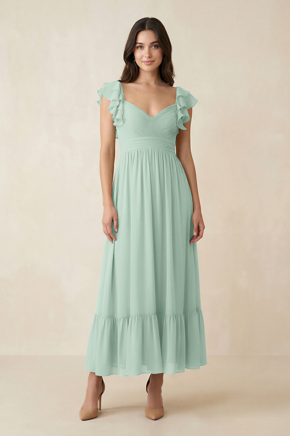 Flutter Sleeve Sweetheart A-Line Chiffon Bridesmaid Dress in Sage