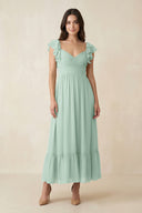 Sage Flutter Sleeve Sweetheart A-Line Chiffon Bridesmaid Dress | KISSBRIDAL