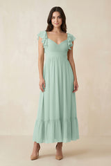 Sage Flutter Sleeve Sweetheart A-Line Chiffon Bridesmaid Dress | KISSBRIDAL