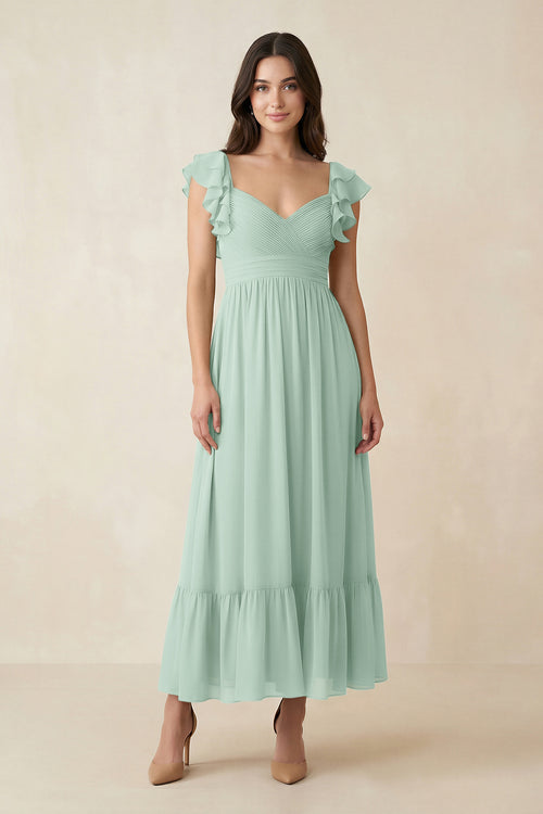 Sage Flutter Sleeve Sweetheart A-Line Chiffon Bridesmaid Dress | KISSBRIDAL