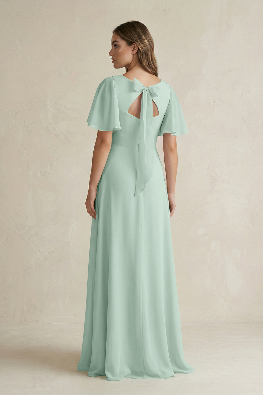 Flutter Sleeve V-Neck A-Line Chiffon Bridesmaid Dress in Sage