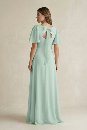 Sage Flutter Sleeve V-Neck A-Line Chiffon Bridesmaid Dress (2) | KISSBRIDAL