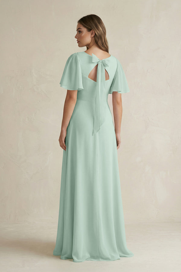 Sage Flutter Sleeve V-Neck A-Line Chiffon Bridesmaid Dress (2) | KISSBRIDAL