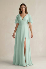 Sage Flutter Sleeve V-Neck A-Line Chiffon Bridesmaid Dress | KISSBRIDAL