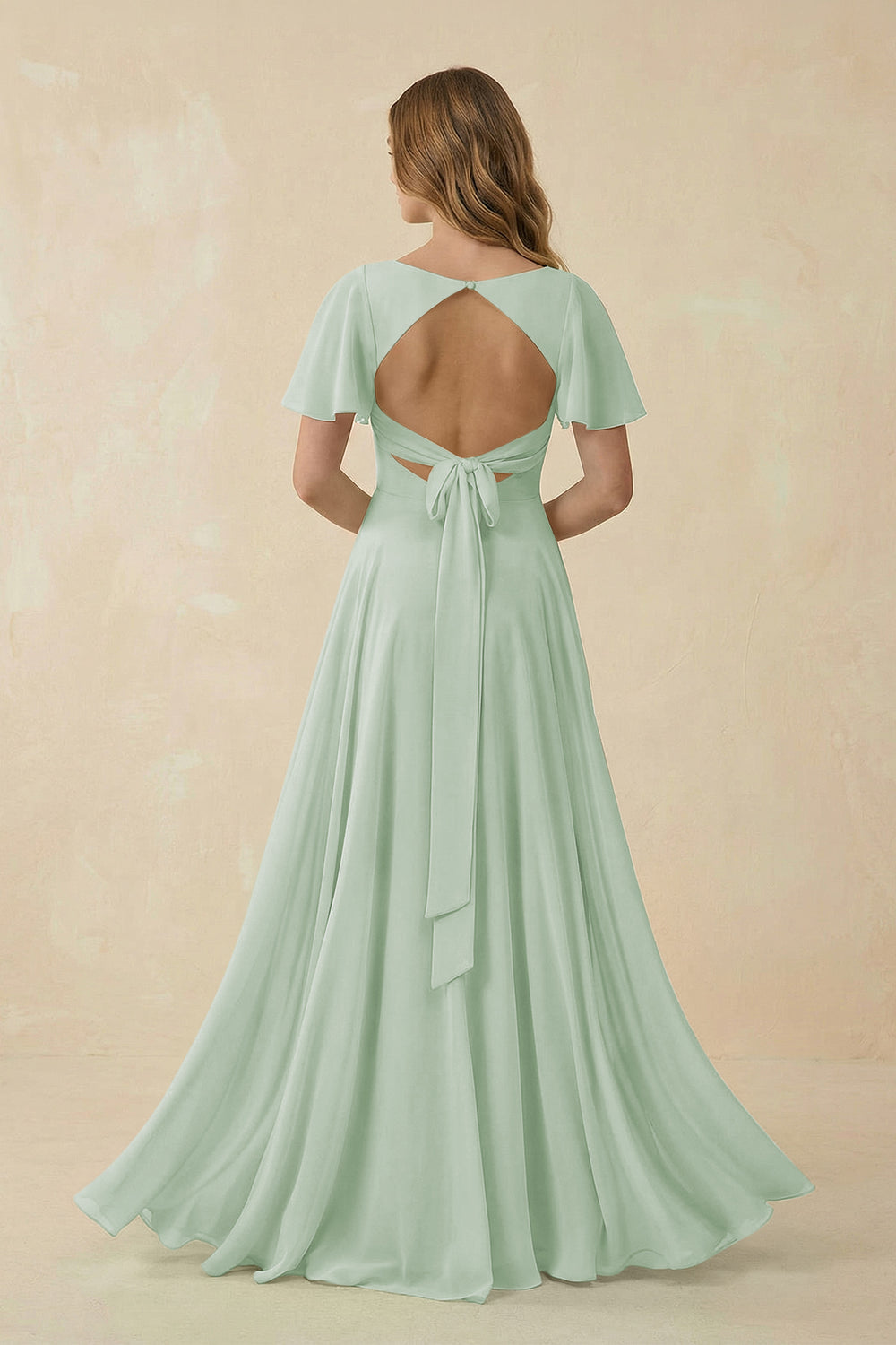 Flutter Sleeve V-Neck Chiffon A-Line Bridesmaid Dress in Sage