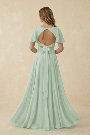 Sage Flutter Sleeve V-Neck Chiffon A-Line Bridesmaid Dress (2) | KISSBRIDAL