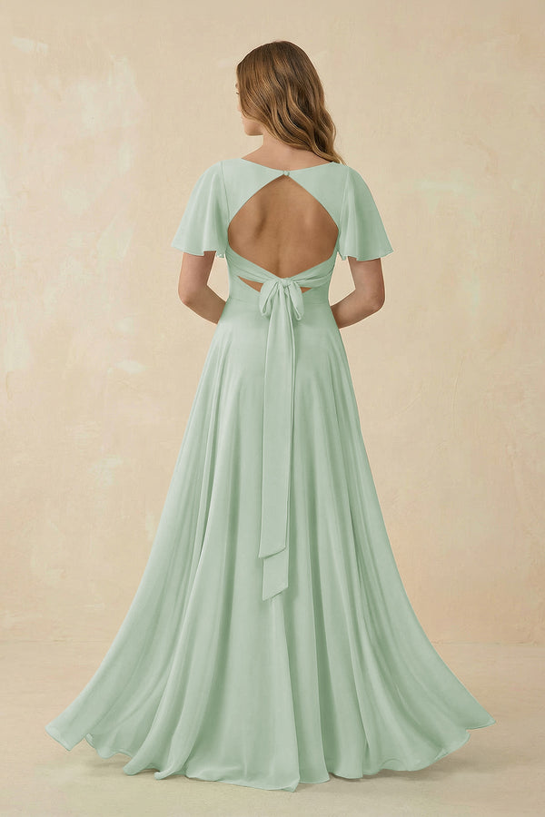 Sage Flutter Sleeve V-Neck Chiffon A-Line Bridesmaid Dress (2) | KISSBRIDAL