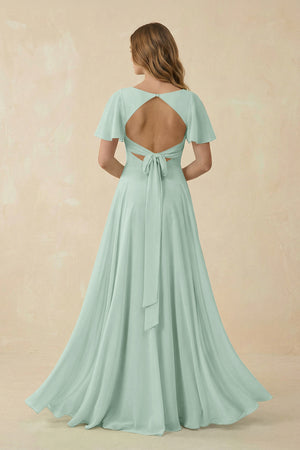 Sage Flutter Sleeve V-Neck Chiffon A-Line Bridesmaid Dress (2) | KISSBRIDAL