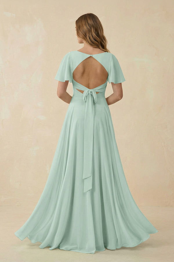 Sage Flutter Sleeve V-Neck Chiffon A-Line Bridesmaid Dress (2) | KISSBRIDAL