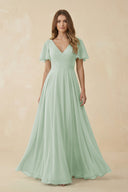 Sage Flutter Sleeve V-Neck Chiffon A-Line Bridesmaid Dress | KISSBRIDAL