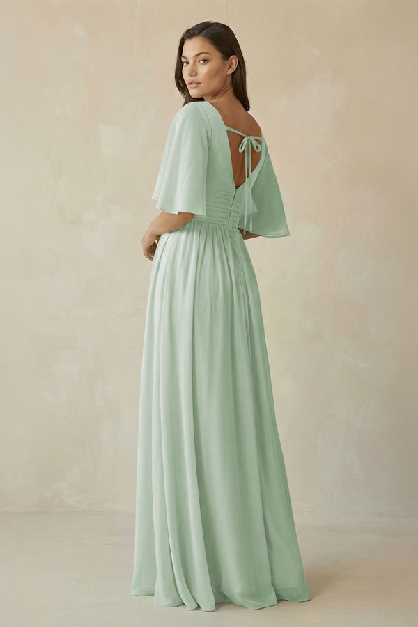 Sage Half Sleeve V-Neck A-Line Chiffon Bridesmaid Gown (2) | KISSBRIDAL