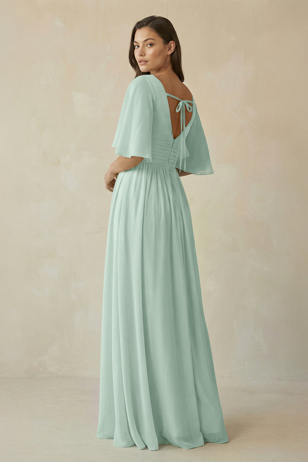 Sage Half Sleeve V-Neck A-Line Chiffon Bridesmaid Gown (2) | KISSBRIDAL