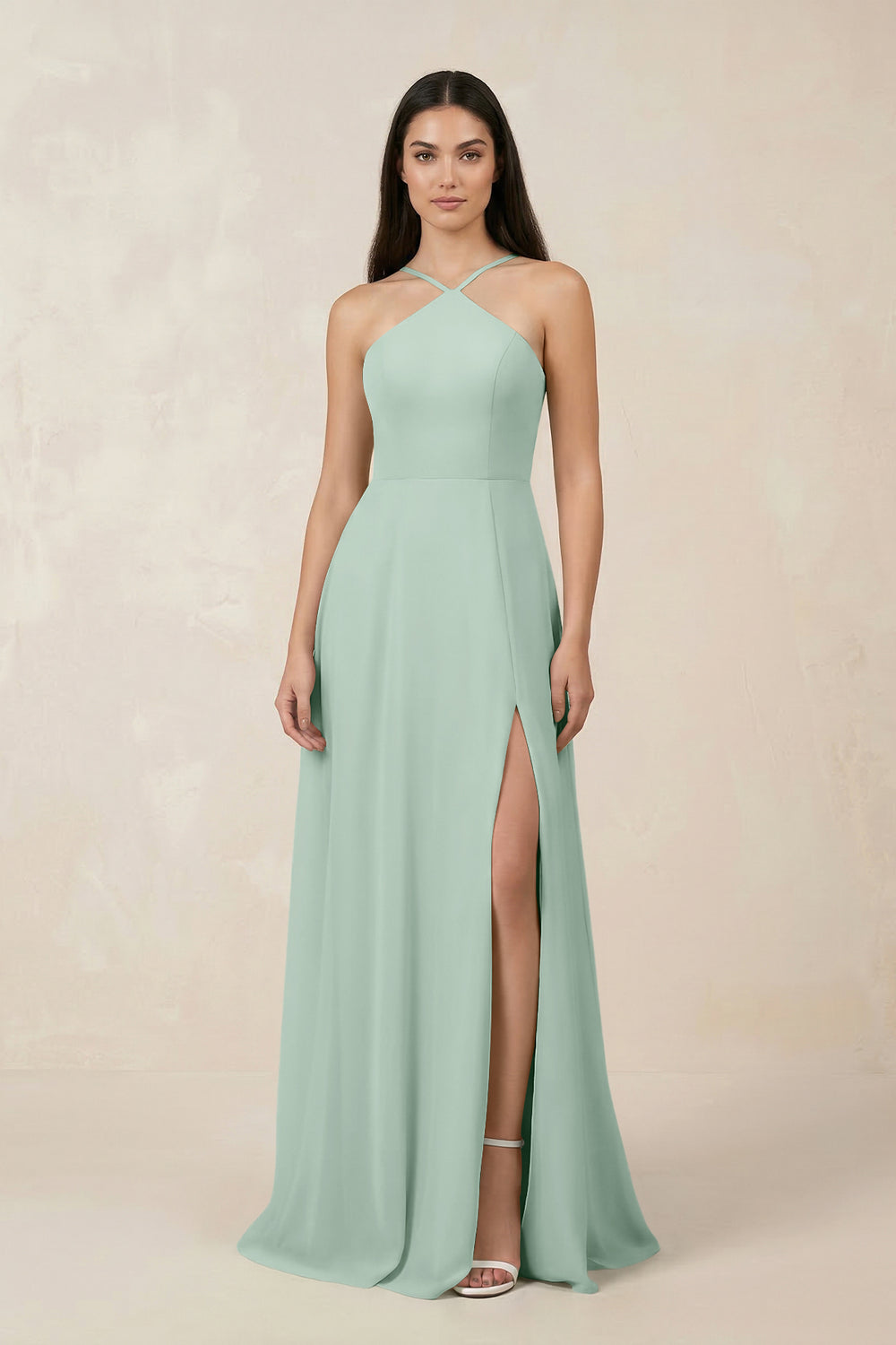 Halter Chiffon A-Line Bridesmaid Dress With Slit in Sage