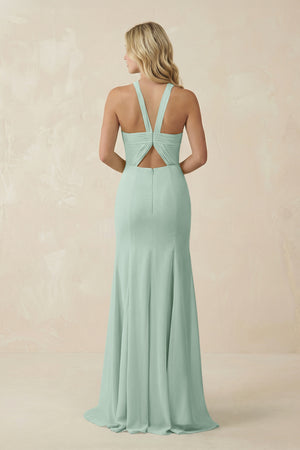 Sage Halter Chiffon Mermaid Ruched Bridesmaid Dress (2) | KISSBRIDAL