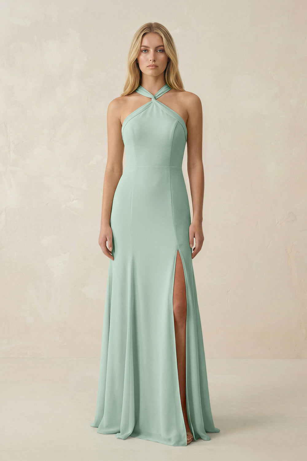 Halter Chiffon Mermaid Ruched Bridesmaid Dress in Sage