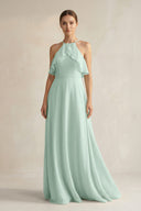 Sage Halter Neck A-Line Chiffon Bridesmaid Dress with Keyhole | KISSBRIDAL