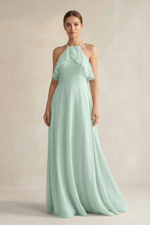 Sage Halter Neck A-Line Chiffon Bridesmaid Dress with Keyhole | KISSBRIDAL