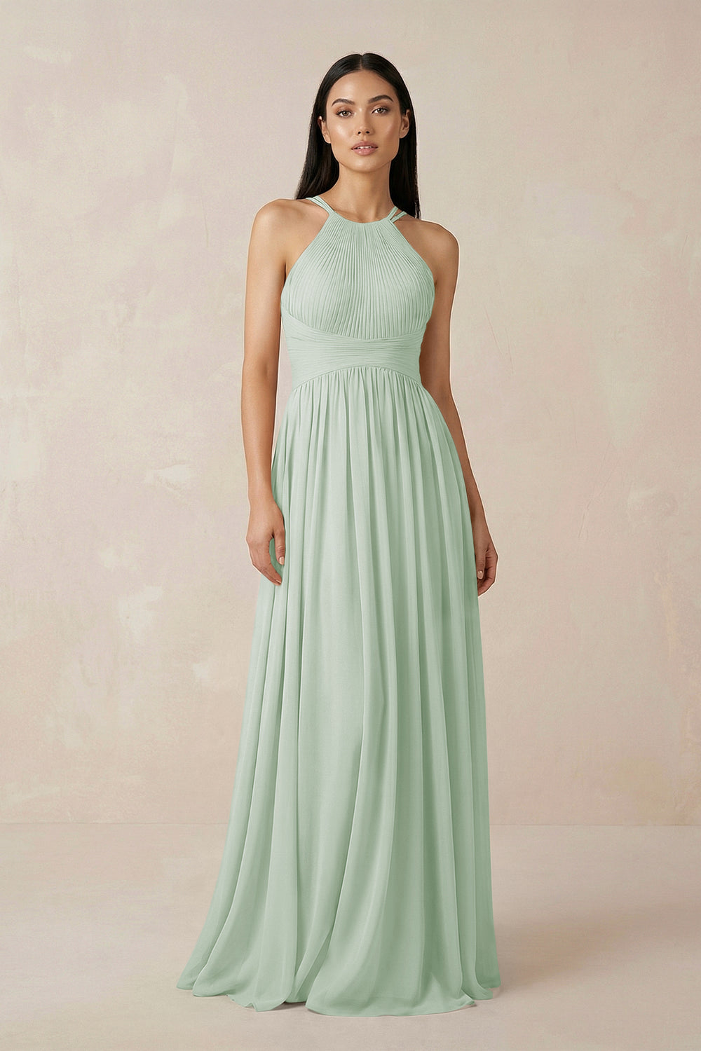 Halter Neck A-Line Chiffon Bridesmaid Dress in Sage