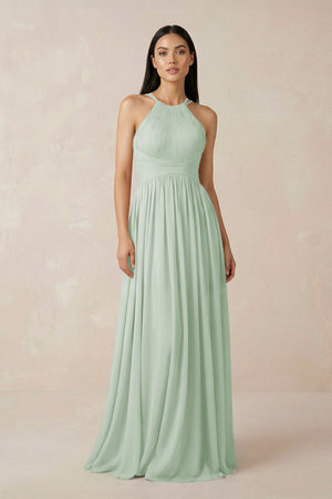 Sage Halter Neck A-Line Chiffon Bridesmaid Dress | KISSBRIDAL