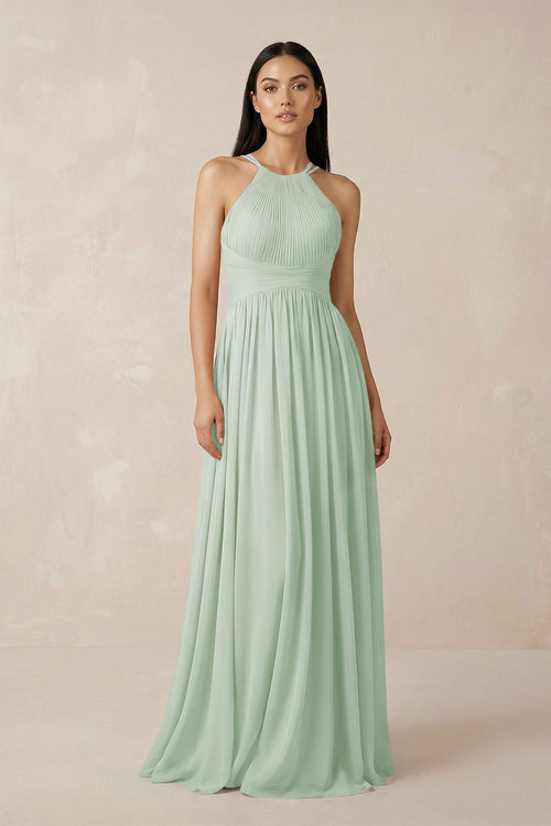 Sage Halter Neck A-Line Chiffon Bridesmaid Dress | KISSBRIDAL