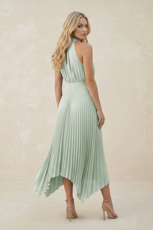 Sage Halter Neck Pleated A-Line Chiffon Bridesmaid Dress (2) | KISSBRIDAL