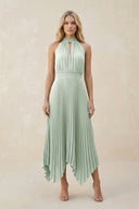 Sage Halter Neck Pleated A-Line Chiffon Bridesmaid Dress | KISSBRIDAL