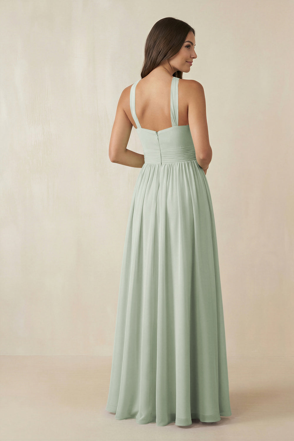 Halter Neck Ruched A-Line Chiffon Bridesmaid Dress in Sage