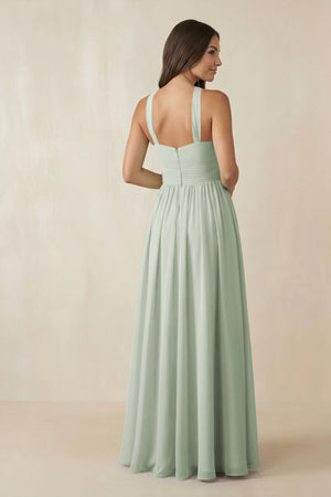 Sage Halter Neck Ruched A-Line Chiffon Bridesmaid Dress (2) | KISSBRIDAL