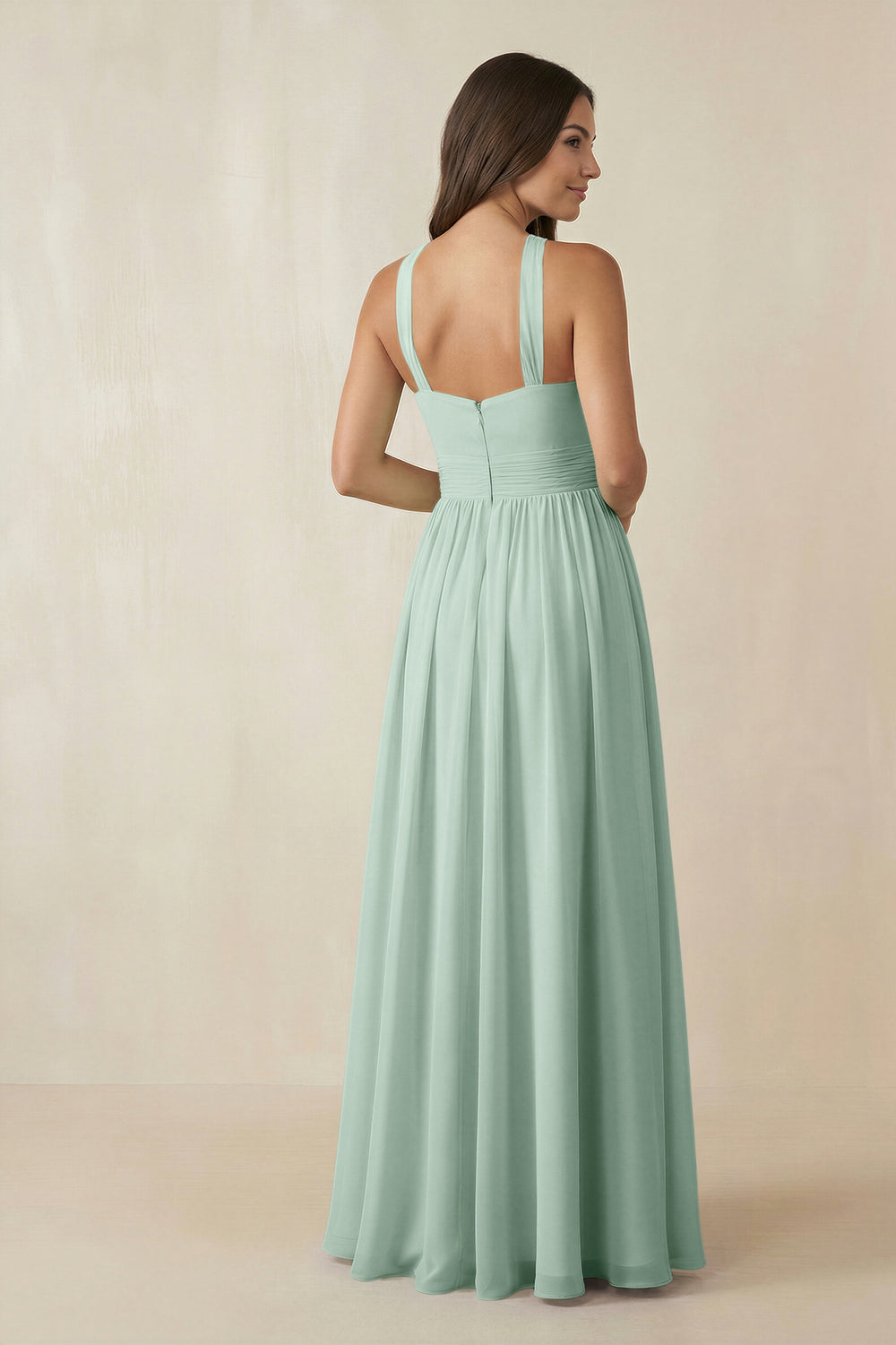 Halter Neck Ruched A-Line Chiffon Bridesmaid Dress in Sage