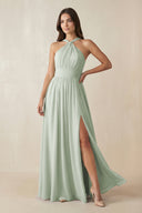 Sage Halter Neck Ruched A-Line Chiffon Bridesmaid Dress | KISSBRIDAL