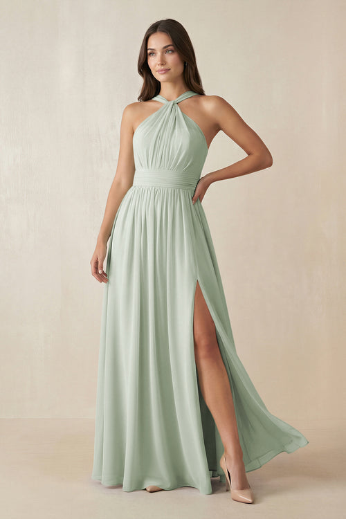 Sage Halter Neck Ruched A-Line Chiffon Bridesmaid Dress | KISSBRIDAL