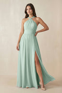 Sage Halter Neck Ruched A-Line Chiffon Bridesmaid Dress | KISSBRIDAL