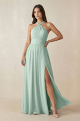 Sage Halter Neck Ruched A-Line Chiffon Bridesmaid Dress | KISSBRIDAL