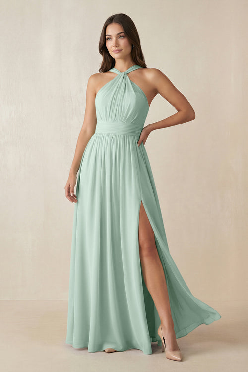 Sage Halter Neck Ruched A-Line Chiffon Bridesmaid Dress | KISSBRIDAL