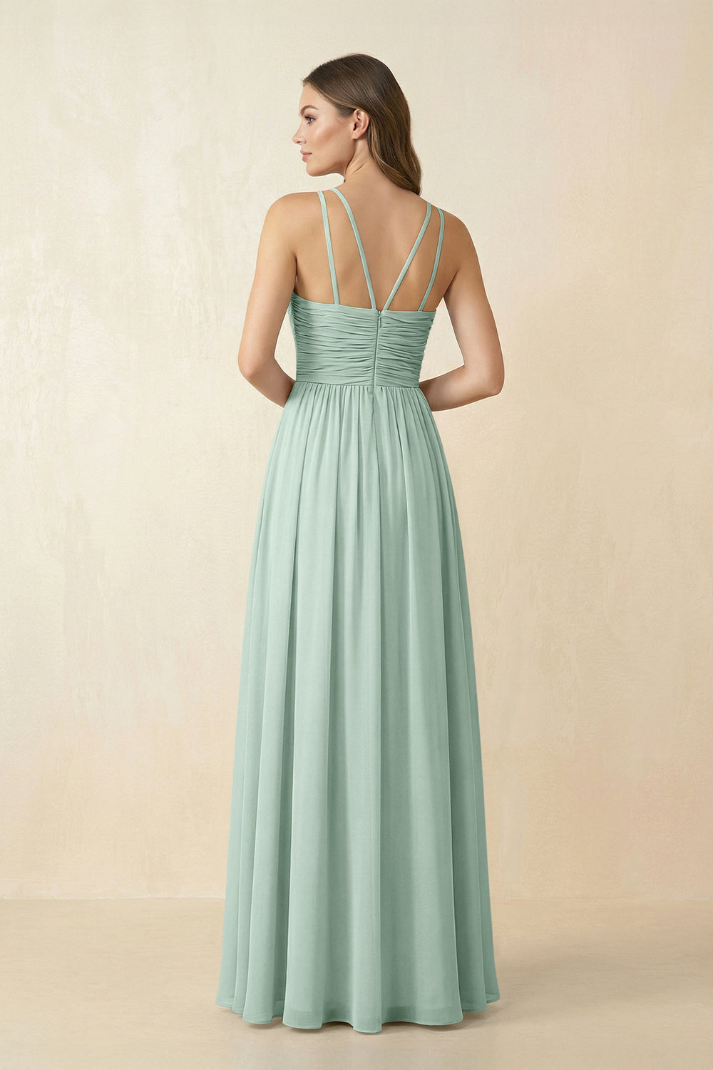 Halter Pleated A-Line Chiffon Bridesmaid Dress in Sage