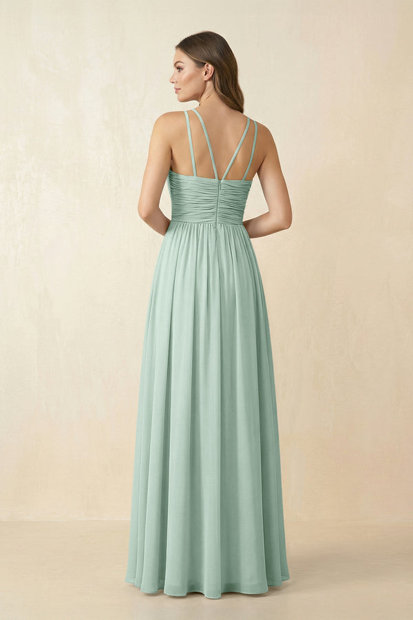 Sage Halter Pleated A-Line Chiffon Bridesmaid Dress (2) | KISSBRIDAL