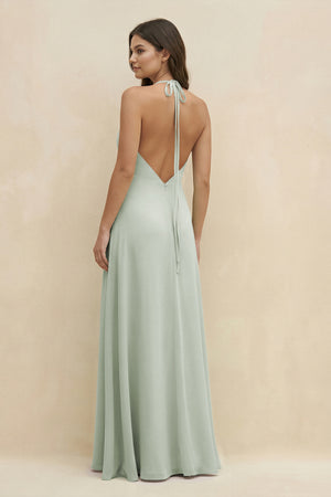 Sage Halter Sheath Long Chiffon Bridesmaid Dress (2) | KISSBRIDAL