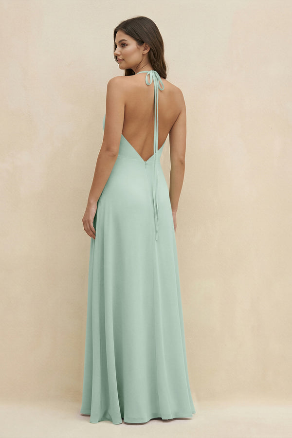 Sage Halter Sheath Long Chiffon Bridesmaid Dress (2) | KISSBRIDAL
