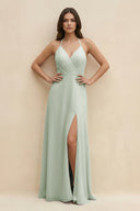 Sage Halter Sheath Long Chiffon Bridesmaid Dress | KISSBRIDAL