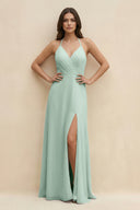Sage Halter Sheath Long Chiffon Bridesmaid Dress | KISSBRIDAL