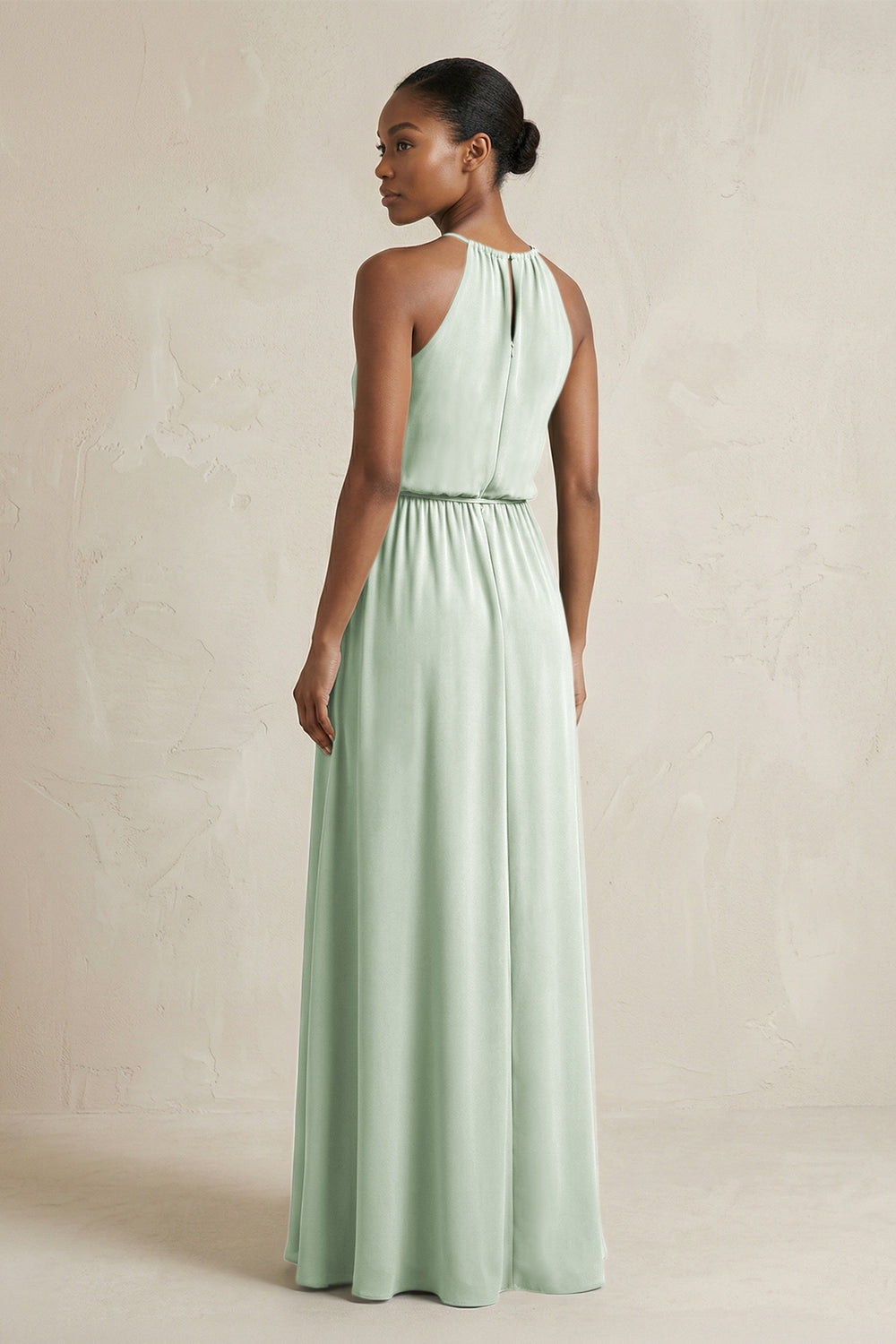 Halter Sheath Ruched Chiffon Bridesmaid Dress in Sage
