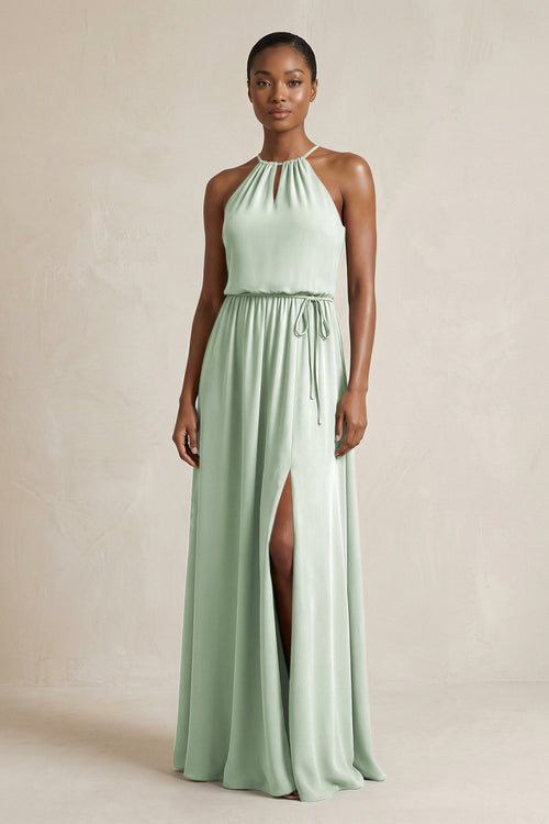 Sage Halter Sheath Ruched Chiffon Bridesmaid Dress | KISSBRIDAL