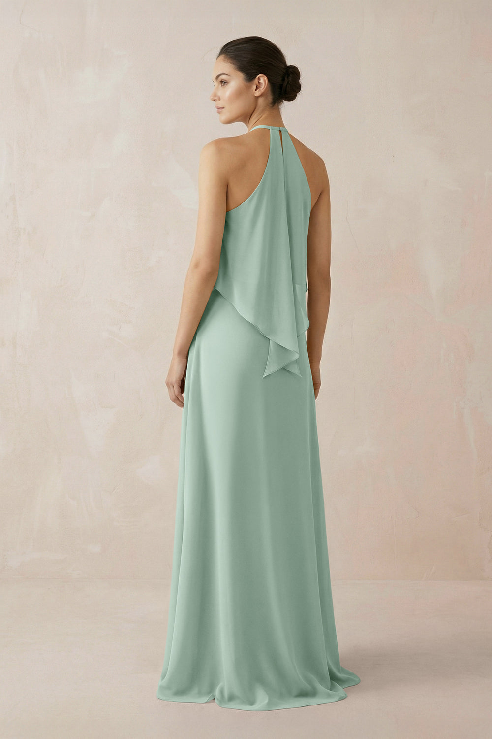 Halter Sheath Ruffled Chiffon Bridesmaid Dress in Sage