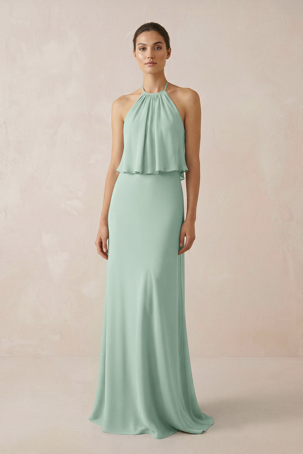Halter Sheath Ruffled Chiffon Bridesmaid Dress in Sage