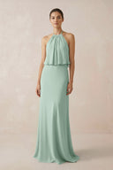 Sage Halter Sheath Ruffled Chiffon Bridesmaid Dress | KISSBRIDAL
