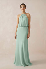Sage Halter Sheath Ruffled Chiffon Bridesmaid Dress | KISSBRIDAL