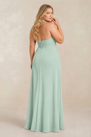 Sage High Neck Chiffon Sheath Ruched Bridesmaid Dress (2) [sizeplus] | KISSBRIDAL